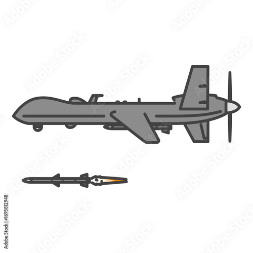 ミサイルを発射する軍用のプロペラ無人偵察機・無人航空機（UAV・無人機）