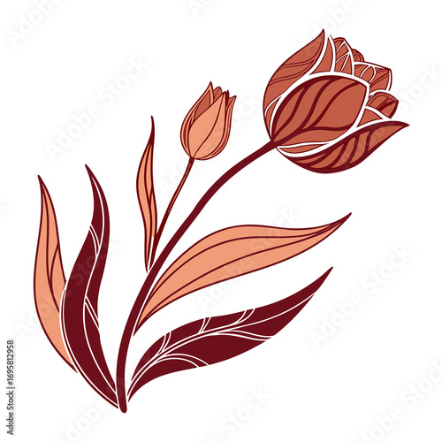 Artistic illustration of a blooming tulip flower with leaves