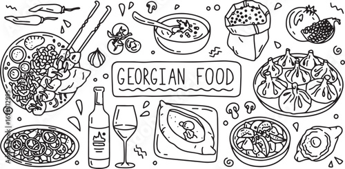 Georgian Food Doodle Set – Hand Drawn National Cuisine Icons, Traditional Dishes Sketch, Ethnic Food Vector, Restaurant Menu Elements, Funny Georgian Meal Doodles, Cute Cartoon Food Illustration, Mini