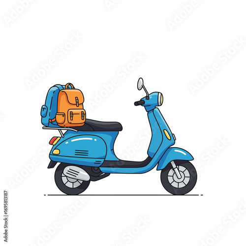Blue Scooter with Backpacks - Travel Vector Illustration side view light