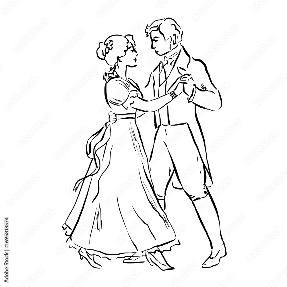 Fototapeta premium Romantic vintage couple dancing elegant waltz. Vector whimsical quickly sketch line art illustration for book romance themes, wedding stationery, Valentine decor, posters, prints, literature projects