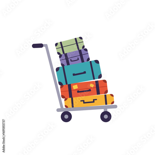 Colorful Suitcases on Luggage Cart: Travel Vector loaded theme cheerful
