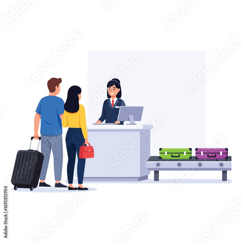 Couple Checking In at Airport Counter: Travel Vector Illustration friendly