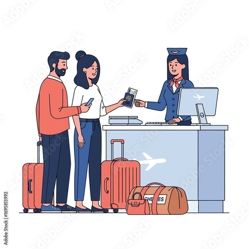 Couple Checking In at Airport Counter for Vacation their boarding passe