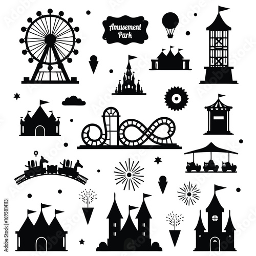 Amusement park attractions silhouettes with clouds and firework