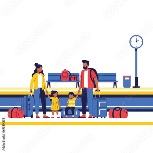 Family Travel: Train Station Departure Scene ready vibrant color flat