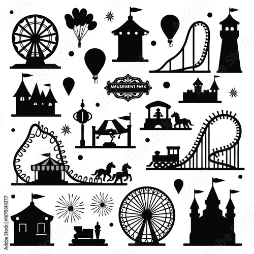 Amusement park attractions silhouettes with clouds and firework