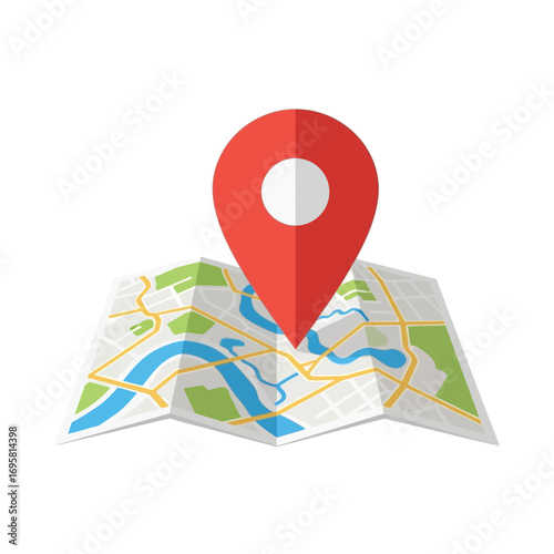 Folded Map with Red Location Pin: Travel Destination marking app website