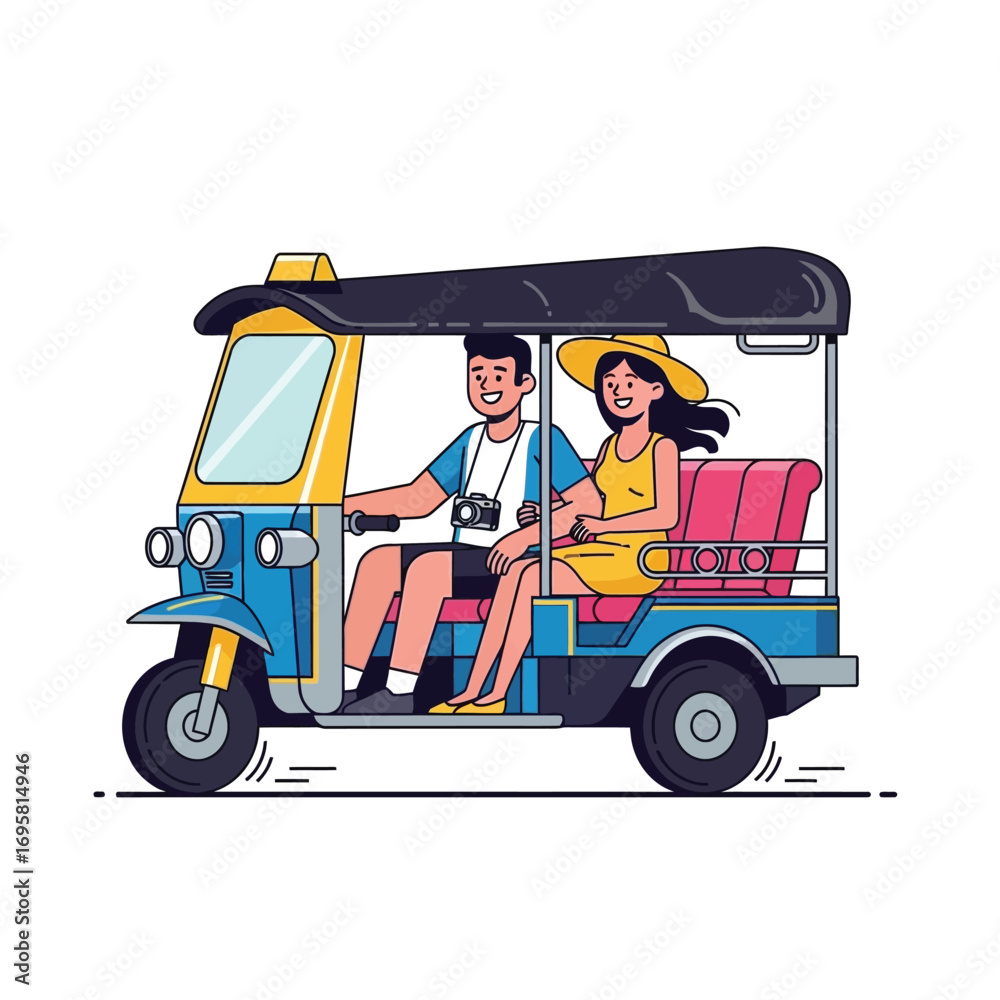 Fototapeta premium Happy Couple on a Tuk-Tuk Ride, Asian Travel Adventure cheerful enjoy capturing