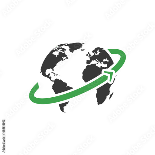 Dynamic global connection with green arrow orbiting earth, representing innovation and worldwide reach.