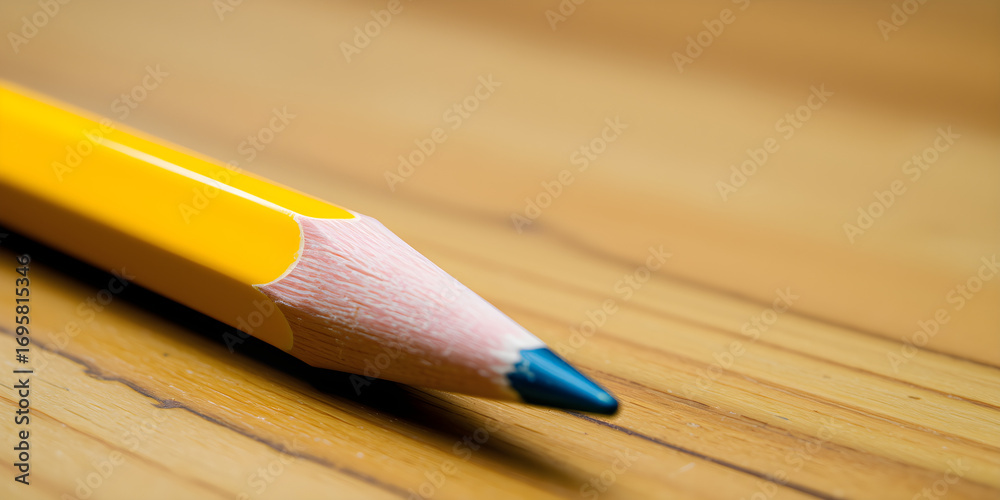 Obraz premium This close-up photo showcases a vibrant yellow pencil placed on a wooden table. The pencil appears sharp and ready for use, with intricate details visible up close.