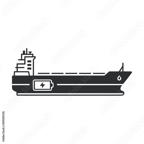 Modern cargo ship powered by clean energy, charging battery symbol highlights eco-friendly transport innovation