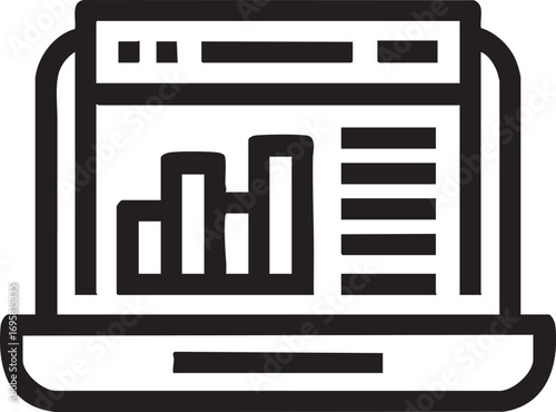 Laptop data analysis vector icon: business analytics, chart, and report eps silhouette
