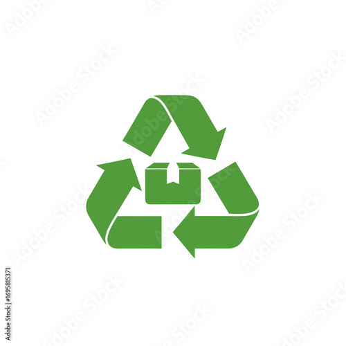 Green recycling symbol encircles a closed cardboard box indicating sustainable packaging and eco-friendly logistics