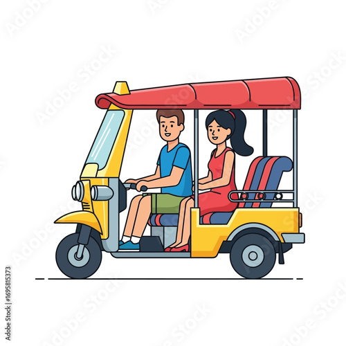 Happy Couple Riding in a Tuk-Tuk: Tropical Travel Adventure enjoy vibrant