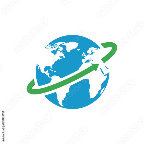 Dynamic green arrow orbits the blue Earth, symbolizing global growth and interconnectedness.