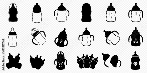 A diverse collection of baby bottles and sippy cups presented in various outline and silhouette designs.