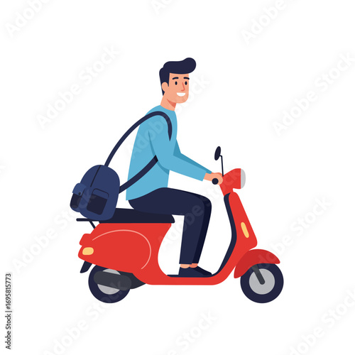 Happy Man Riding Red Scooter, Travel Illustration theme clean
