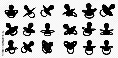 A collection of black silhouette baby pacifiers in various shapes and orientations on a transparent background.