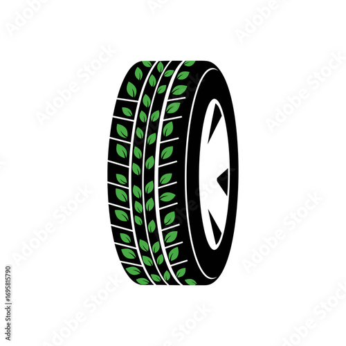 Eco-friendly tire with green leaf tread symbolizes sustainable automotive solutions and green transportation.