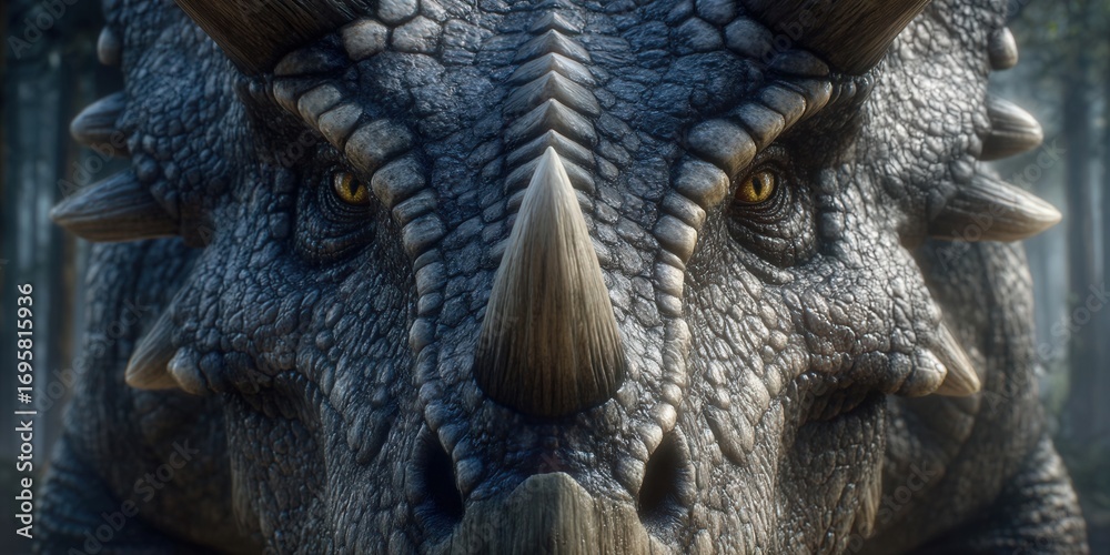 Obraz premium A detailed close-up of a triceratops, displaying its impressive horns and intense gaze.