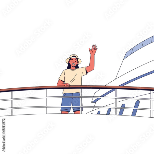 Happy Traveler Waving from Cruise Ship Deck joyful theme mood vacation