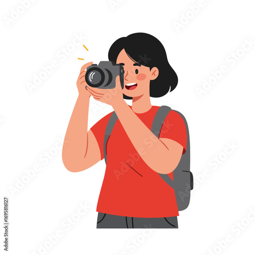 Happy Traveler Woman Taking Photos with Camera female capturing blog tourism