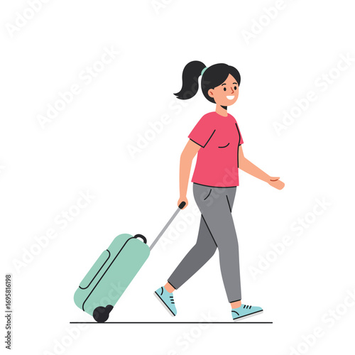 Happy Woman Traveling with Suitcase - Vector Illustration pulling wheeled