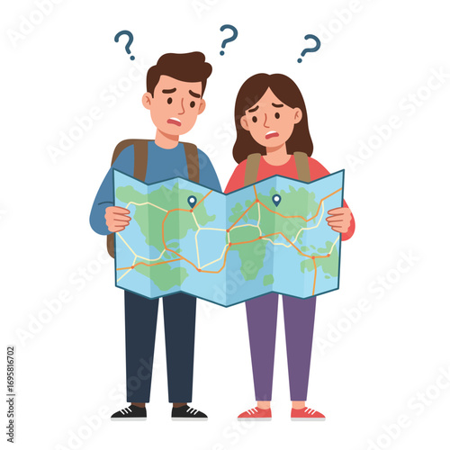 Lost Tourists Couple with World Map, Travel Confusion looking during their