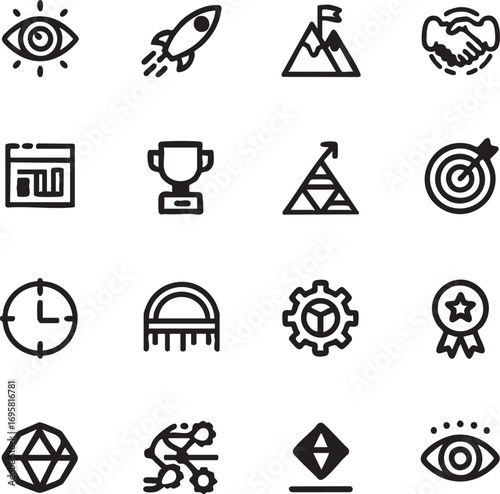Business success and strategy vector icons set - vision, goals, achievement eps silhouette