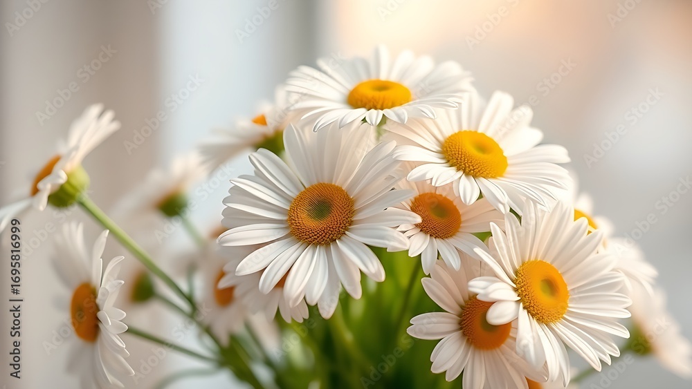 Obraz premium Fresh daisy bouquet bathed in soft sunlight, showcasing delicate pastel petals.