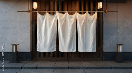 Mockup blank of a traditional noren curtain sign at Japanese restaurant entrance, soft shadows