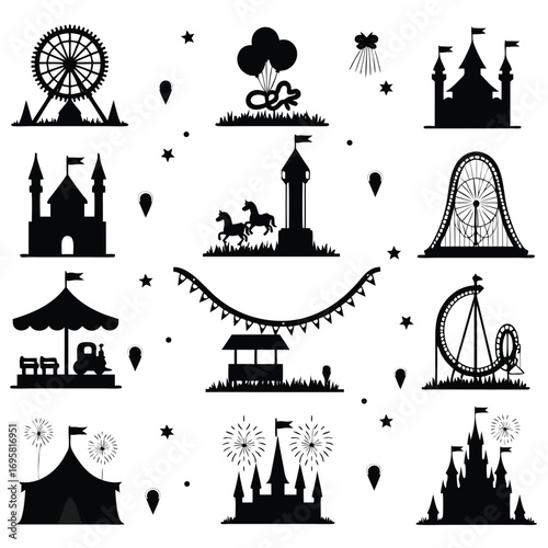 Amusement park silhouette icons with roller coaster and carousel Keywords: amusement park