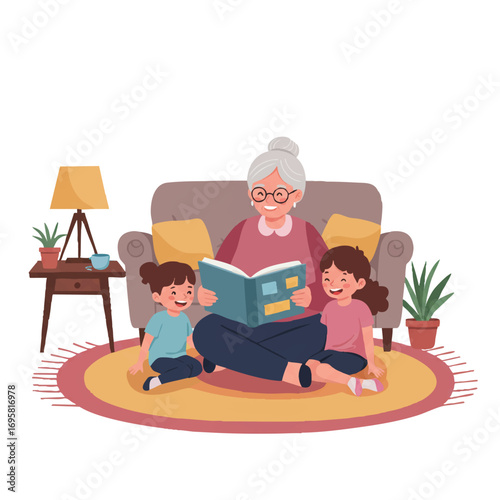 Happy grandmother reading a storybook to her two cheerful grandchildren, sitting together on a vibrant rug in a cozy living room, presented as a charming 2D flat vector illustration.