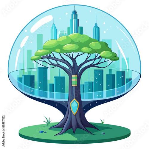 Giant transparent tree with futuristic city inside