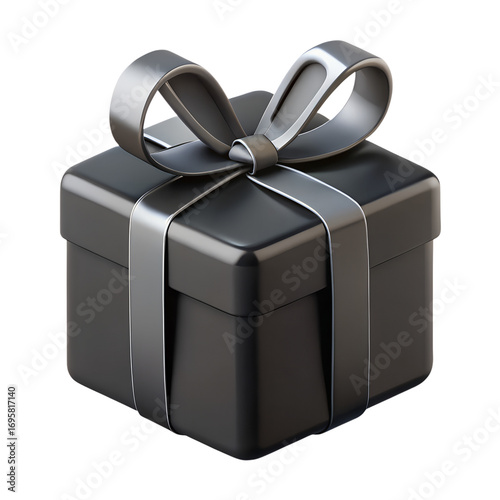 3d illustration of a black gift box with a silver ribbon and bow isolated on a transparent background