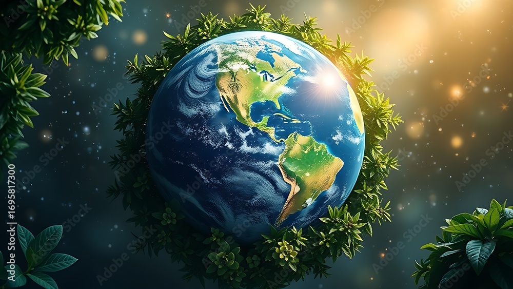 Fototapeta premium Earth globe embraced by lush greenery under soft glowing light, symbolizing environmental harmony.