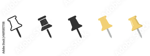 Vector push pin set in yellow, black, and outline styles. Thumbtack icons for office stationery, corkboards, reminders, notes, maps, and digital design projects