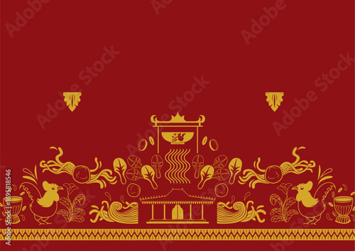 This image showcases black-and-white vector graphics, likely clip art, with Javanese cultural influences. It features traditional joglo pavilions, roosters with plants, noodle-like shapes with meatbal