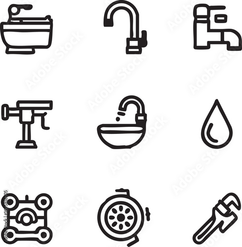 Plumbing icon set vector: faucets, sinks, water drop, and plumbing tools eps silhouette
