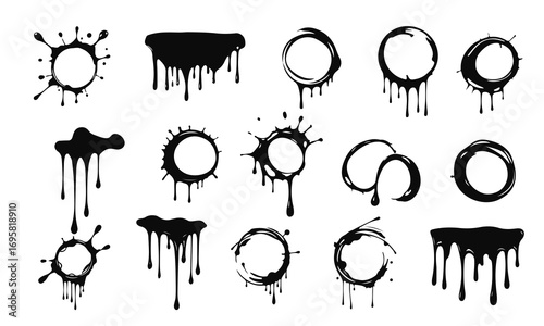 Set of black paint drips, flowing black liquid, spilled paint, ink splashes, vector illustration, oil drops or chocolate drips	