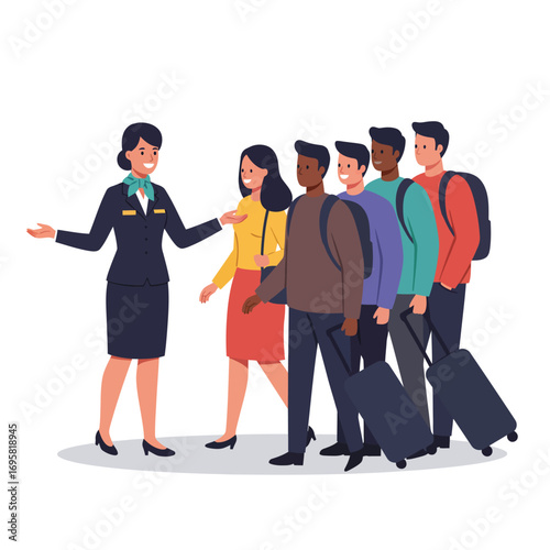 Travel Agent Assisting Diverse Tourists with Luggage friendly guide them