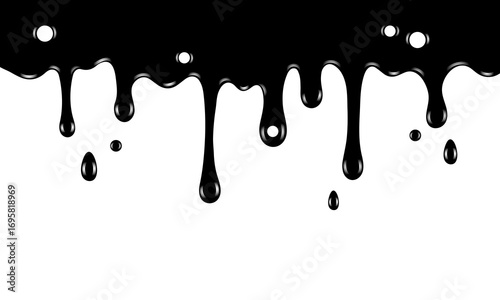 Flowing black liquid, spilled paint, ink splashes, vector illustration, oil drops or chocolate drops
