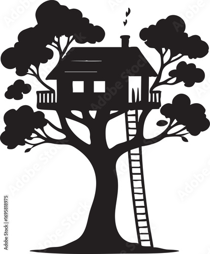 Black and white treehouse vector illustration - silhouette design eps