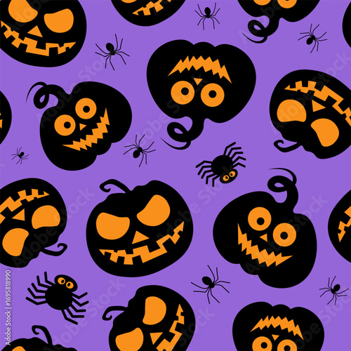 Seamless vector pattern for Halloween design. Halloween symbols pumpkin in cartoon style. Vector Illustration