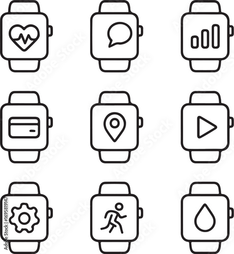 Modern smartwatch icons for health, communication, finance, fitness, and navigation