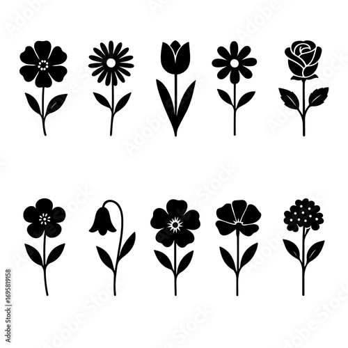Collection of ten different black and white floral illustrations on a white background