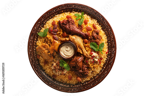Kabsa bowl spiced biryani with lamb or chicken, rice, nuts, and raisins in wooden bowl, isolated on white transparent background. Concept of Arabic cuisine
