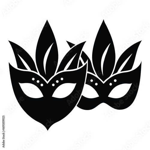 Two ornate black masquerade masks with decorative feathers and dots festival celebration masquerade party