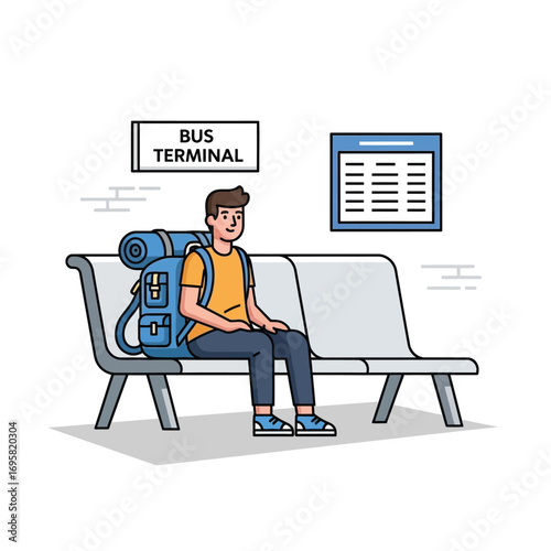Traveler Waiting at Bus Terminal Vector Illustration transportation theme